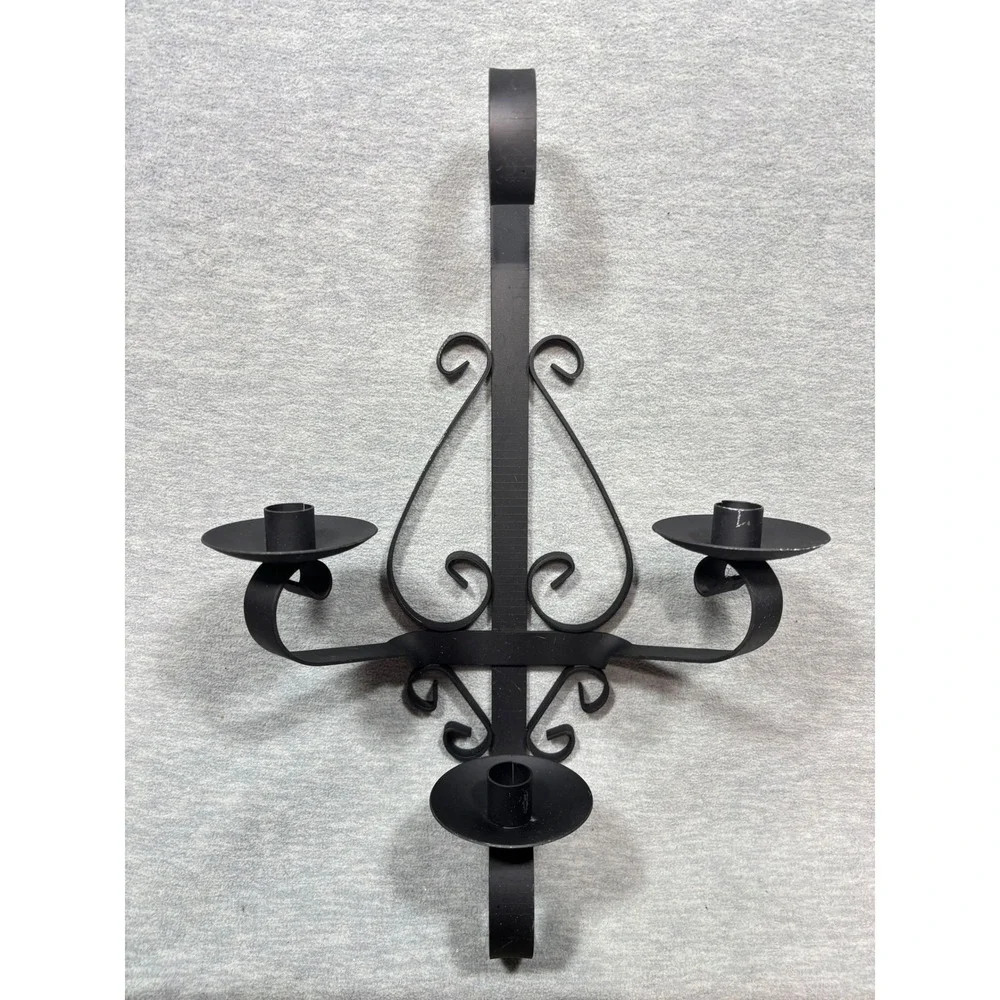 Vintage Wrought‎ Iron 3 Candle Wall Sconce Candelabra Scroll Metal Black 19